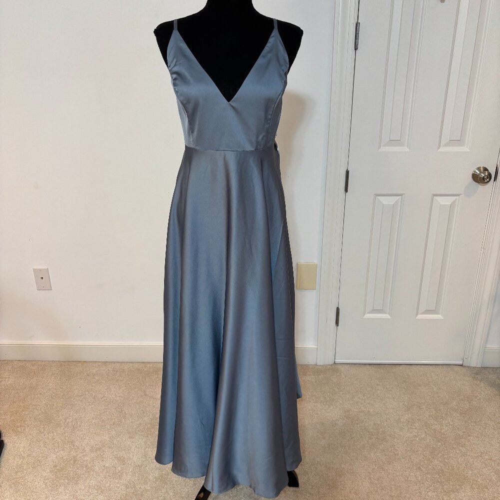 ASOS DESIGN Bridesmaid satin midi dress with tie back in dusky blue Sz 12 - NWOT